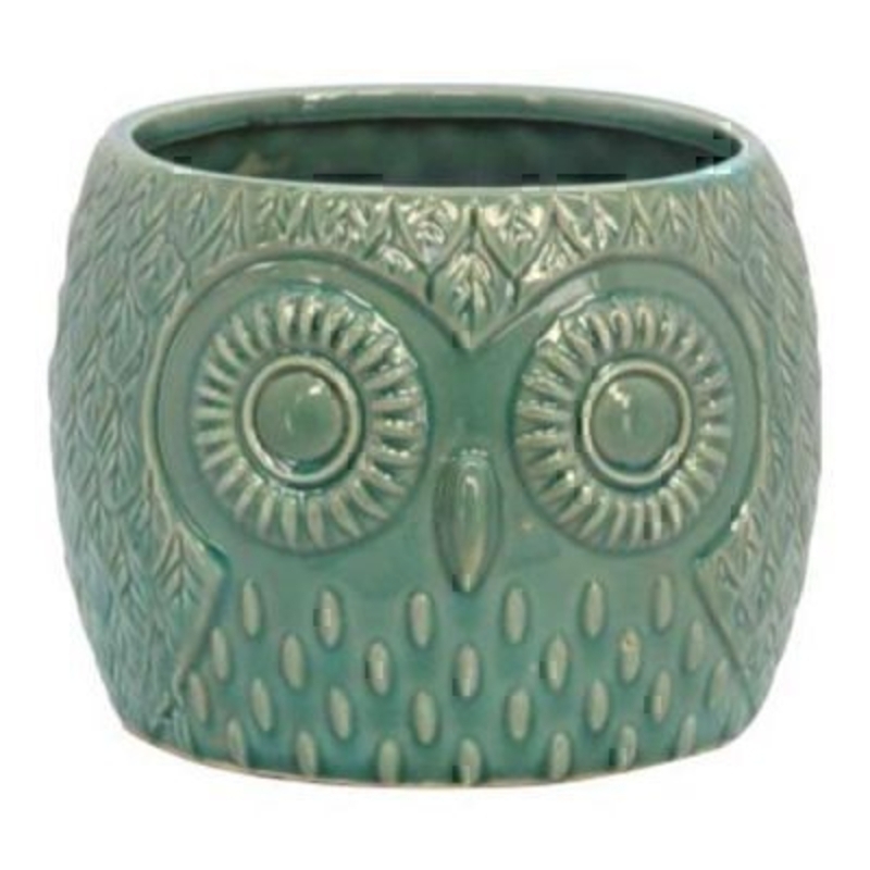 Shabby chic style teal ornamental ceramic owl flower pot cover by Gisela Graham. Use this charming owl to cover flower pots and hold utensils or just for decoration. Size 18x14.5x18cm